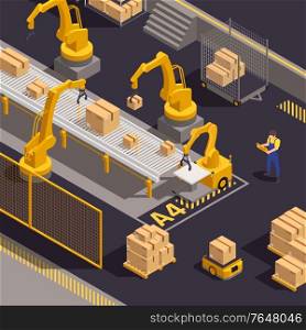 Modern warehouse equipment isometric composition with computer controlled robotic arms loading and sorting cargo packages vector illustration