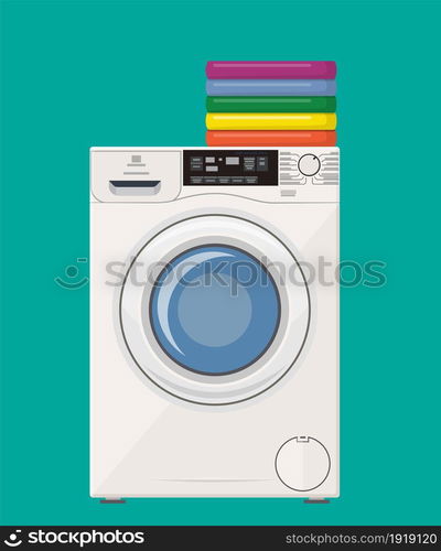 modern washing machine with pile of clothes. Clothes stack. Washing clothes. Vector illustration in flat style. washing machine icon