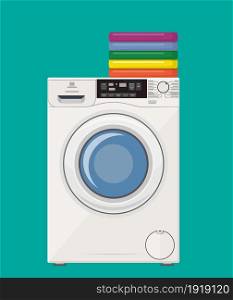 modern washing machine with pile of clothes. Clothes stack. Washing clothes. Vector illustration in flat style. washing machine icon