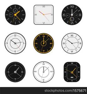 Modern watch face. Clock round scale faces, modern 12 hours round clock, time measurement watch vector illustration symbols set. Watch number, timer graphic shape. Modern watch face. Clock round scale faces, modern 12 hours round clock, time measurement watch vector illustration symbols set