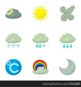 Modern weather icons set. Cartoon set of 9 modern weather vector icons for web isolated on white background. Modern weather icons set, cartoon style