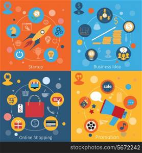 Modern web concepts flat set with business idea startup online shopping promotion isolated vector illustration