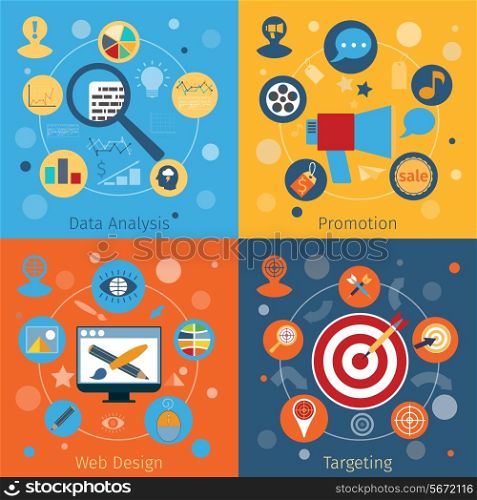 Modern web concepts flat set with data analysis design promotion targeting isolated vector illustration