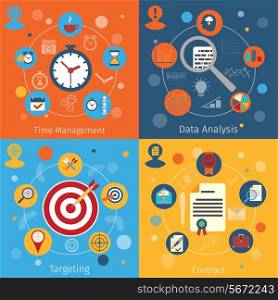 Modern web concepts flat set with time management data analysis targeting contract isolated vector illustration