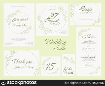 Modern white - green wedding suite collection card templates with green flowers, labels and decorations on white - invitation, save the date card, rsvp, thank you card, table number, table name card, menu