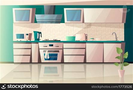 Modern white kitchen interior with equipment. Oven, microwave, kettle, waffle iron, extractor hood and fridge. Cartoon vector illustration.