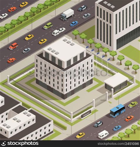 Modern white stone government building and surrounding city center area with busy streets isometric composition vector illustration . City Government Buildings Isometric Composition