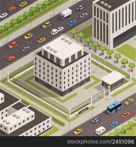Modern white stone government building and surrounding city center area with busy streets isometric composition vector illustration . City Government Buildings Isometric Composition