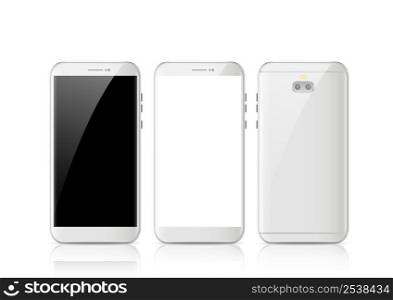 Modern white touchscreen cellphone tablet smartphone isolated on light background. Phone front and back side isolated. Vector illustration.