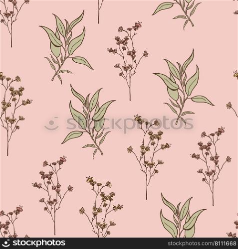 Modern wildflowers seam≤ss pattern design. Seam≤ss pattern with spring flowers and≤aves. Hand-drawn background. floral pattern for wrapπng paper or fabric. Botanic Ti≤.