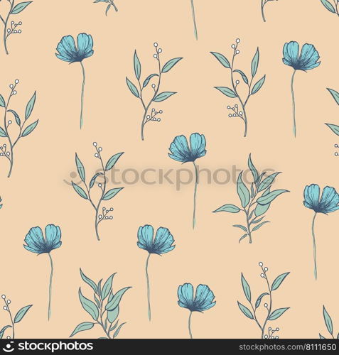 Modern wildflowers seamless pattern design. Seamless pattern with spring flowers and leaves. Hand-drawn background. floral pattern for wrapping paper or fabric. Botanic Tile.