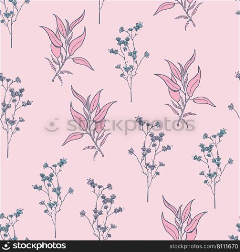 Modern wildflowers seamless pattern design. Seamless pattern with spring flowers and leaves. Hand-drawn background. floral pattern for wrapping paper or fabric. Botanic Tile.