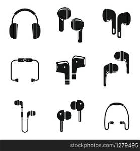 Modern wireless earbuds icons set. Simple set of modern wireless earbuds vector icons for web design on white background. Modern wireless earbuds icons set, simple style