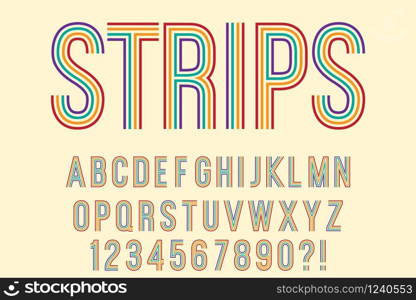 Modern with strips Alphabet Letters, Numbers and Symbols. Funny Typography . Vector