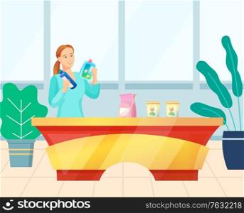 Modern woman buyer choosing household chemical goods in the store. Girl selects fabric softener or washing powder at supermarket, shopping. Vector illustration in flat cartoon style. Woman Choosing Household Chemicals in Store Vector