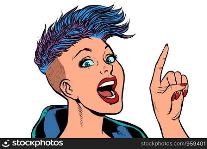 Modern woman points a finger. Pop art retro vector illustration drawing. Modern woman points a finger