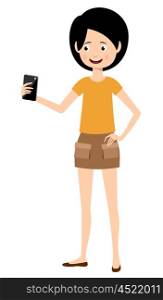 Modern woman with a gadget isolated on a white background. Vector