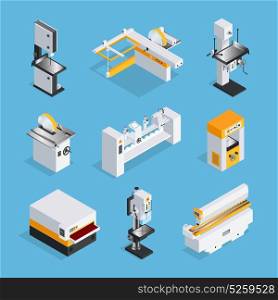 Modern Woodworking Machinery Isometric Set. Modern automated woodworking machinery set of equipment for grinding drilling clipping cutting isometric vector illustration