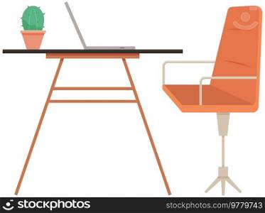 Modern workplace flat design. Office chair and office desk. Furniture and equipment for workplace of employee or office worker, vector interior workspace. Modern workplace flat design. Office chair and office desk