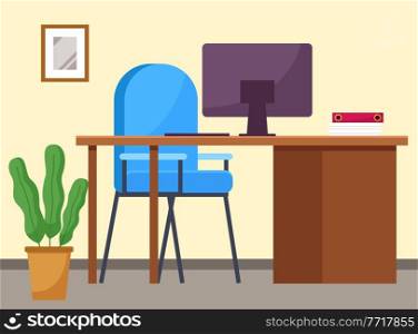 Modern workplace flat design. Office chair and office desk with a computer monitor, books and documents, potted plant. Furniture and equipment for the workplace of an employee or office worker. Modern workplace flat design. Office chair and office desk with a computer, books and documents