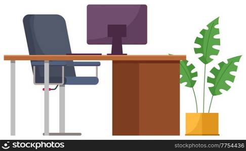 Modern workplace flat design. Office chair and office desk with a computer monitor and green potted plant. Furniture and equipment for the workplace of an employee isolated on white background. Modern workplace flat design. Office chair and office desk with a computer monitor and potted plant