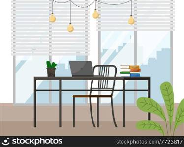 Modern workplace flat design. Office chair and office desk with a laptop in cozy room interior. Furniture and equipment for the workplace of an employee or office worker, light vector interior. Modern workplace flat design. Office chair and office desk with a computer in cozy room interior
