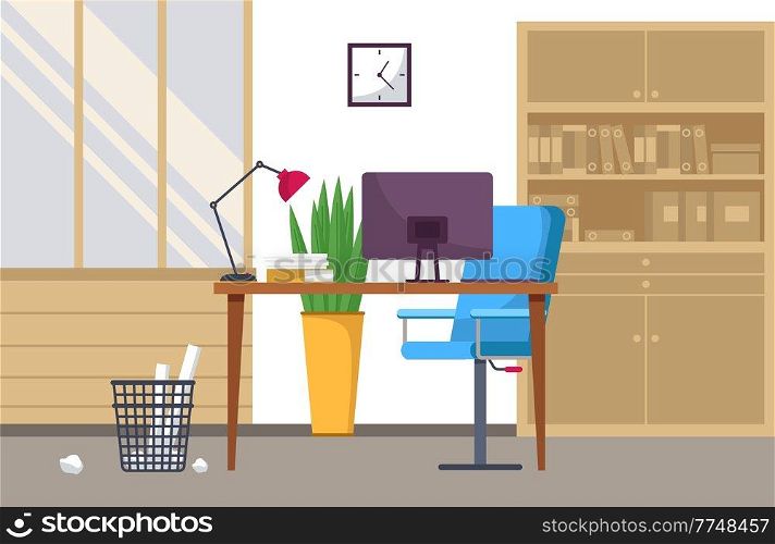 Modern workplace flat design. Office chair and office desk with stack of books in comfortable room interior. Furniture and equipment for workplace of an employee or office worker, workspace interior. Modern workplace flat design. Office chair and office desk with stack of books in comfortable room