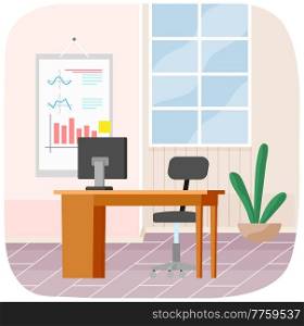 Modern workplace flat design. Office chair and office desk with stack of books in cozy room interior. Furniture and equipment for workplace of employee or office worker, vector interior workspace. Modern workplace flat design. Office chair and office desk with stack of books in cozy room interior