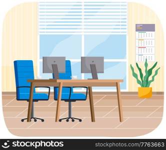 Modern workplace flat design. Office chair and office desk with stack of books in cozy room interior. Furniture and equipment for workplace of employee or office worker, vector interior workspace. Modern workplace flat design. Office chair and office desk with stack of books in cozy room interior