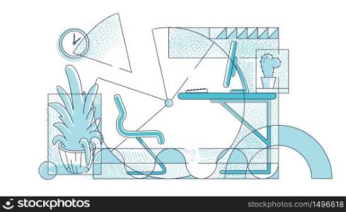 Modern workplace outline vector illustration. Contemporary office interior design contour composition on white background. Corporate employee workspace. Computer on desktop simple style drawing