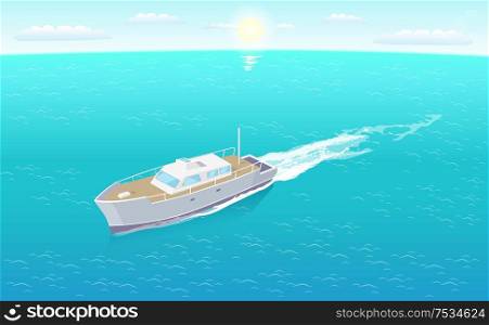Modern yacht sailing in deep blue waters on background of sun and sky vector isolated. Sailboat leaves trace in sea or ocean, marine travelling vessel. Modern Yacht Sailing in Deep Blue Waters Vector