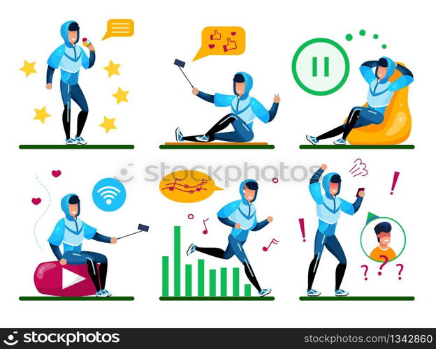 Modern Young Man, Male Teenager Daily Routine Trendy Flat Vector Concept Set. Guy in Tracksuit Listening Music While Jogging, Shooting Mobile Photos and Videos, Relaxing, Talking on Phone Illustration