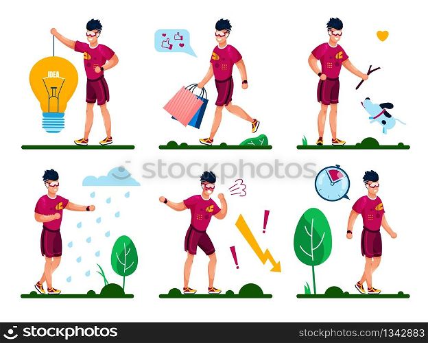 Modern Young Man Routines and Activities Trendy Flat Vector Isolated Concepts Set. Guy Walking on Shopping, Playing with Dog, Doing Fitness Exercises Outdoors, Generating Creative Ideas Illustrations