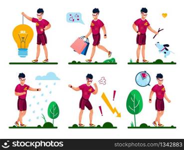 Modern Young Man Routines and Activities Trendy Flat Vector Isolated Concepts Set. Guy Walking on Shopping, Playing with Dog, Doing Fitness Exercises Outdoors, Generating Creative Ideas Illustrations