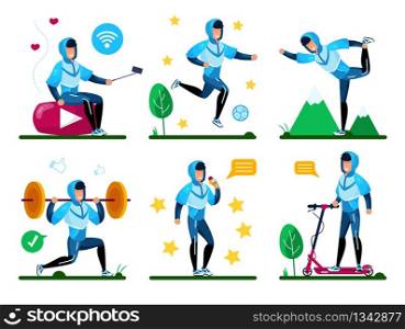 Modern Young Man, Teenager Boy Daily Activities Trendy Flat Vector Concept Set. Guy Recording Vlog for Social Network, Enjoying Outdoor Physical Exercise, Riding Scooter, Eating Ice-Cream Illustration