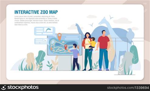 Modern Zoo with Interactive Map Service Web Banner, Landing Page Template. Family Visiting Zoo, Parents with Son and Daughter Using Touchscreen Panel with Locations Map Trendy Flat Vector Illustration