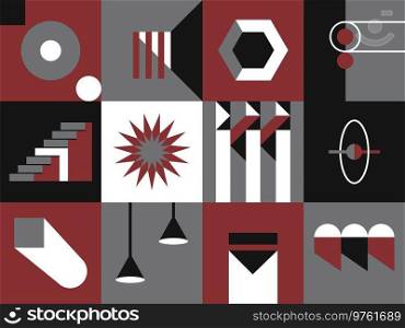 Modernist abstract geometric squares collage with circles, straight lines and waves. Contemporary artwork and drawing, shapes and forms. Stairs and hanging l&s, pin and sun burst. Vector in flat . Abstract squares, modern print or backgrounds
