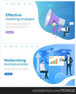 Modernizing business and marketing strategies Internet web site vector. Businessmen and laptop, loudspeaker and graphics or diagrams on presentation. Webpage template landing page in flat. Modernizing Business and Marketing Strategies