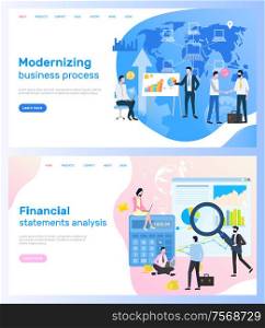 Modernizing business process and financial statements analysis vector. Graphics and diagram, calculations and presentation world map and entrepreneurs. Website or webpage template landing page in flat. Modernizing Business Process, Financial Analysis