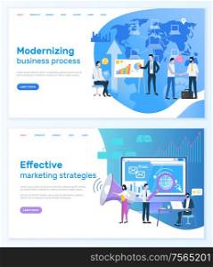 Modernizing business process, effective strategy technologies vector. Website working people with optimization and development, worldwide network. Webpage template, landing page in flat style. Modernizing Business Process Effective Strategy