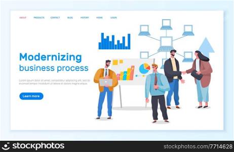 Modernizing business process landing page template, webpage with people working on global network. Computers are interconnected like a web, optimization of service. Modern business transformation. Modernizing business process landing page template, webpage with people working on global network
