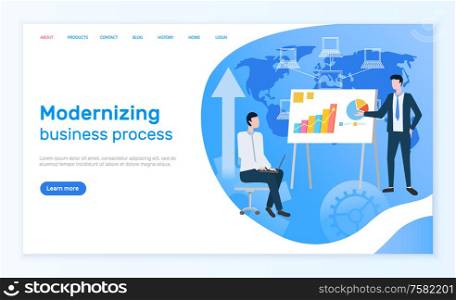 Modernizing business process online info page vector. graphic and charts or diagrams on presentation, businessmen and world map, man with laptop on chair. Website or webpage template landing page. Modernizing Business Process Online Info Page