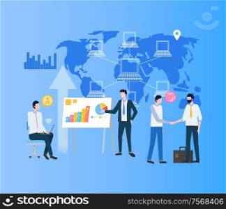 Modernizing business process vector, businessman making deal. World map with network computers and location, people on meeting conference talking. Modernizing Business Process, Businessman Deal