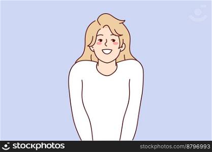 Modest attractive woman stands in shy pose pressing hands to body, sincerely smiling. Beautiful positive blonde girl of young age is dressed in white casual t-shirt. Flat vector illustration. Modest attractive woman stands in shy pose pressing hands to body, sincerely smiling. Vector image