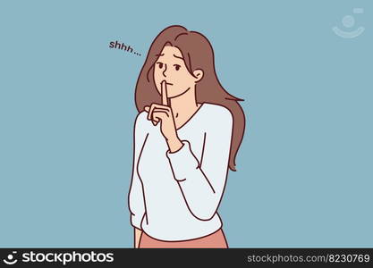 Modest woman puts finger to lips, wanting to keep secret or calm interlocutor who speaks loudly. Beautiful girl teacher makes gesture of silence to calm schoolchildren before lesson. Flat vector image. Modest woman puts finger to lips, wanting to keep secret or calm interlocutor. Vector image