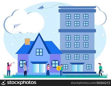 Modfern style vector illustration. Buy and select housing, real estate and turnkey rental, buildings, apartment buildings, houses.