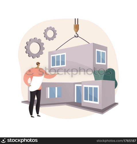 Modular home abstract concept vector illustration. Modular building, permanent foundation construction, prefabricated home components transportation, green footprint technology abstract metaphor.. Modular home abstract concept vector illustration.