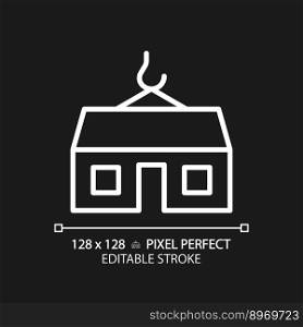 Modular home pixel perfect white linear icon for dark theme. Prefabricated house. Movable compact building. Property purchase. Thin line illustration. Isolated symbol for night mode. Editable stroke. Modular home pixel perfect white linear icon for dark theme