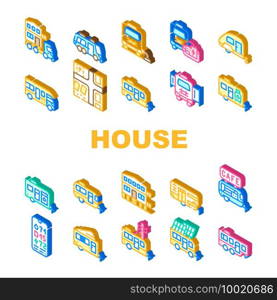Modular House Trailer Collection Icons Set Vector. House With Pull-out Module And Gas Cylinder, Building Transportation And Charge Level Control Sign Color Illustrations. Modular House Trailer Collection Icons Set Vector