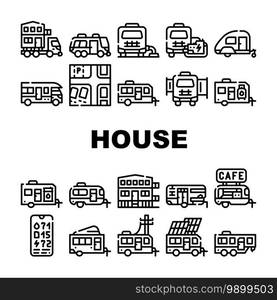 Modular House Trailer Collection Icons Set Vector. House With Pull-out Module And Gas Cylinder, Building Transportation And Charge Level Control Black Contour Illustrations. Modular House Trailer Collection Icons Set Vector